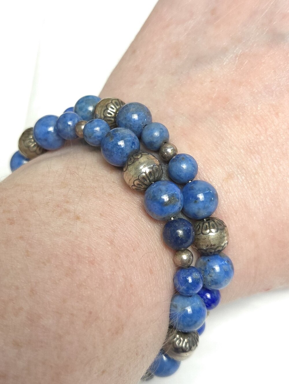 Vintage Lapis Lazuli Stone & Sterling Silver Beaded Wrap Bracelet Carlise CP 925 - Picture 4 of 13